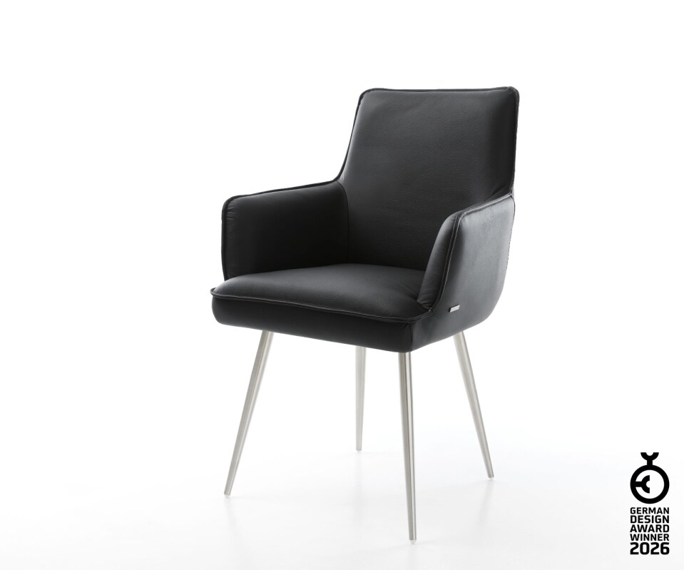 Chaise-de-salle-à-manger Heira-Flex avec accoudoirs cuir de vache noir 4 pieds coniques acier inoxydable brossé ressorts ensachés